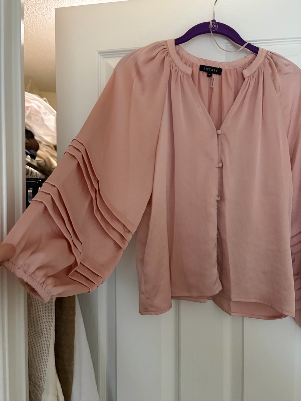 1. State Dusty Rose Button-Front Pleated Sleeve Blouse